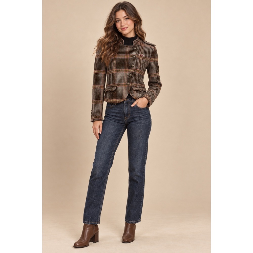 Hollister Brown Houndstooth Plaid Wool Blend Military Blazer Y2K Preppy academia